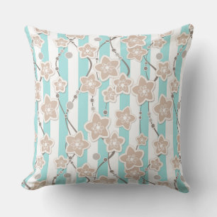 Coussin motif floral beige à la menthe avec rayures blanch