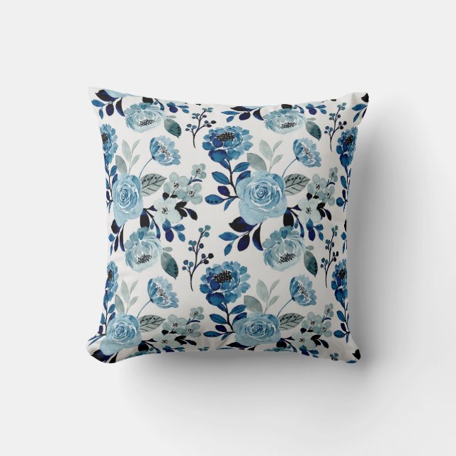 Coussin Motif floral bleu aquarelle (Recto)