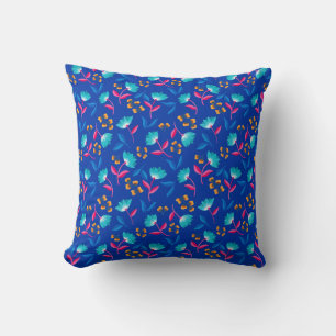 Coussin Motif floral bleu d'art populaire coloré