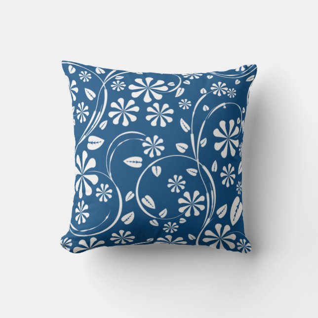 Coussin Motif floral bleu et blanc classique (Recto)