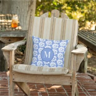 Coussin Motif floral bleu et blanc Monogramme d'été