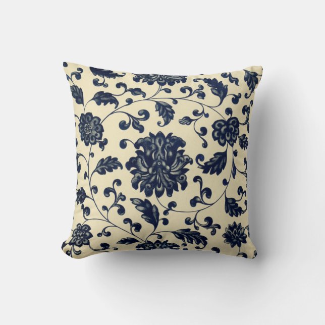 Coussin Motif floral bleu et crème vintage (Recto)
