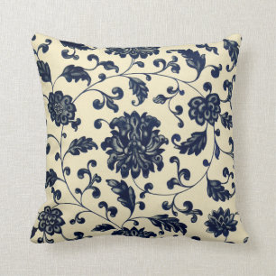 Coussin Motif floral bleu et crème vintage