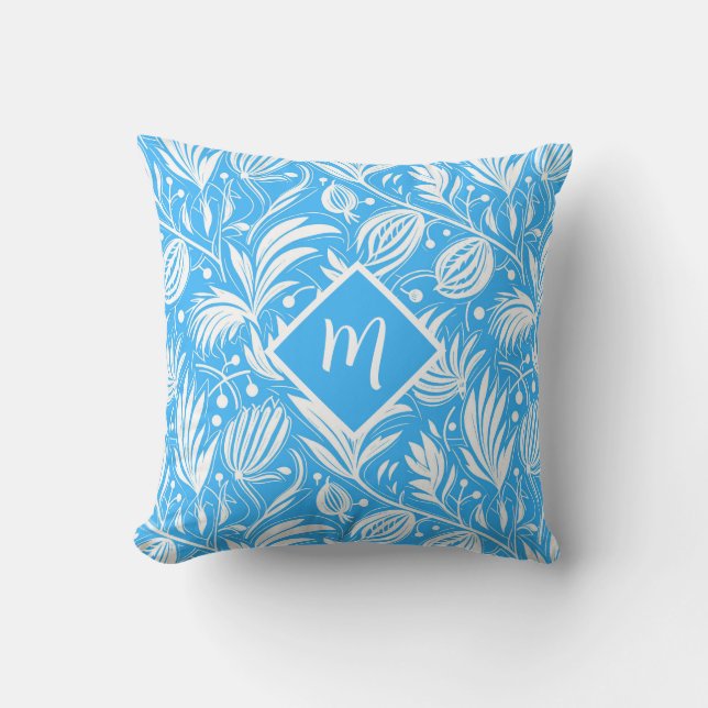 Coussin Motif floral bleu tropical avec monogramme diamant (Recto)
