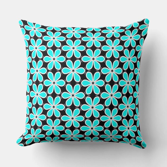 Coussin Motif floral bleu turquoise et noir (Recto)