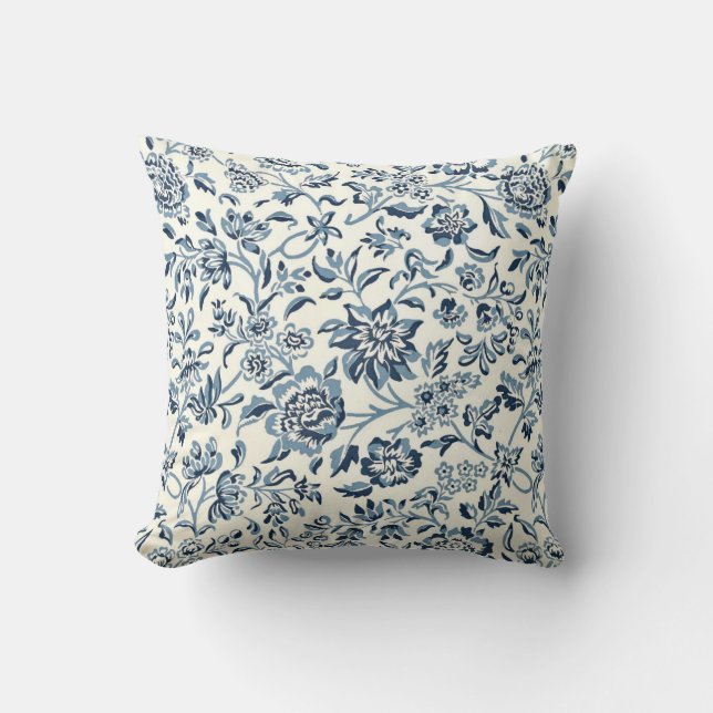 Coussin motif floral bleu vintage et blanc (Recto)