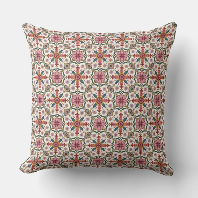Coussin Motif floral boho en rouge, rose et sarcelle (Recto)