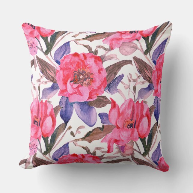 Coussin Motif floral botanique rose et violet (Recto)