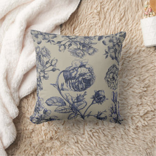 Coussin Motif floral botanique toile bleue vintage antique