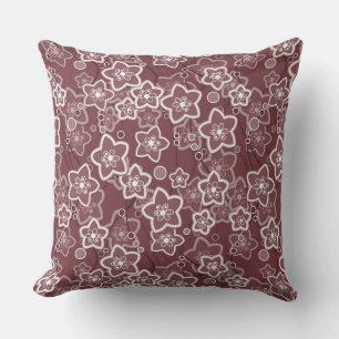 Coussin motif floral brun et blanc rétro soixante