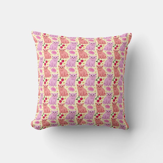 Coussin Motif floral Chat mignon Cerise | Chat Kawaii (Recto)