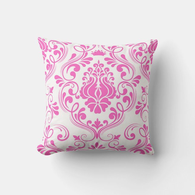 Coussin Motif floral chaud rose et blanc Damas modèle élég (Recto)