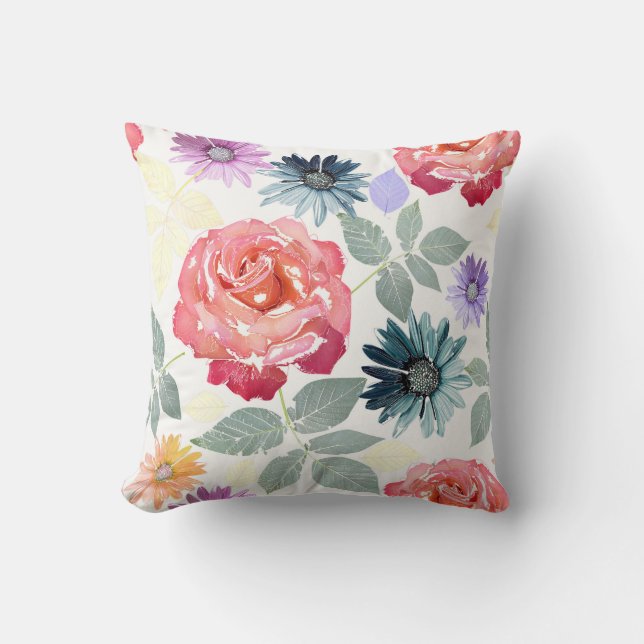 Coussin Motif floral coloré aquarelle. (Recto)