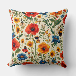 Coussin Motif floral coloré avec abeilles
