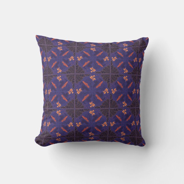 Coussin Motif floral complexe en bleu foncé et orange (Recto)