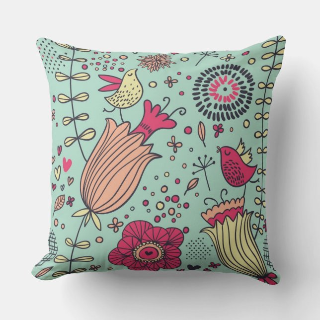 Coussin Motif floral de bande dessinée avec des oiseaux (Recto)