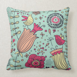 Coussin Motif floral de bande dessinée avec des oiseaux