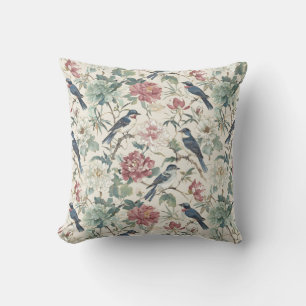 Coussin Motif floral de chinoiserie oiseaux et pivoines