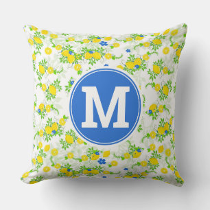 Coussin Motif floral de citrons bleus et jaunes ensoleillé