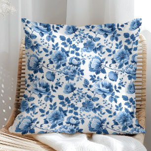 Coussin Motif floral de cottage bleu marine et blanc