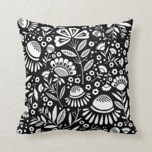 Coussin Motif floral de jardin géométrique en noir et