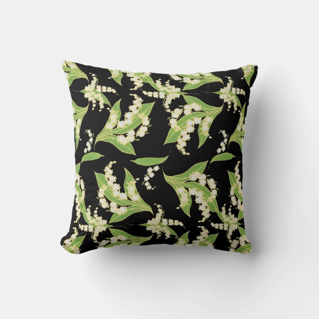 Coussin Motif floral de Lis-de-le-Vallée sur le noir (Recto)