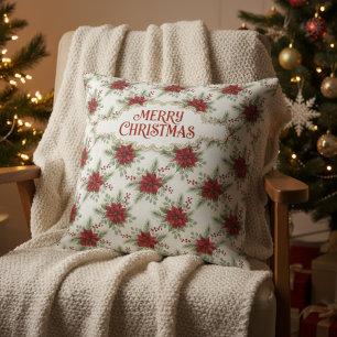 Coussin Motif floral de Noël avec poinsettia Joyeux Noël
