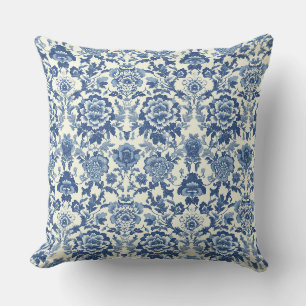 Coussin Motif floral de pivoine en chinoiserie bleue et bl