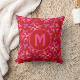 Coussin Motif floral de poinsettia rouge avec Monogramme.