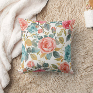 Coussin Motif floral de rose aquarelle corail vif et sarce