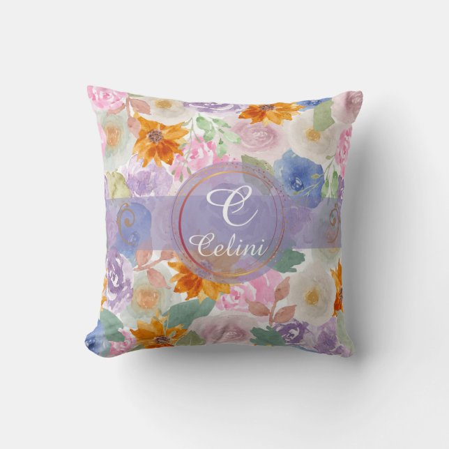 Coussin Motif floral de rose aquarelle vert sauge élégant  (Recto)