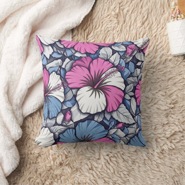 Coussin Motif floral d'Hibiscus Bleu Élégant (1) (Couverture)