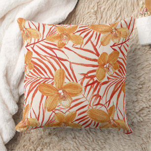 Coussin motif floral d'orchidée orange