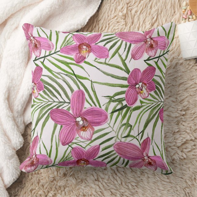 Coussin motif floral d'orchidée rose (Couverture)