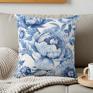 Coussin Motif floral élégant bleu et blanc botanique