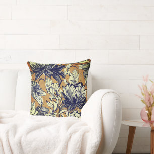 Coussin Motif floral élégant noir et blanc sur fond doré m