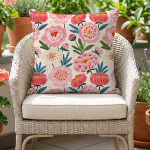 Coussin Motif floral estival de pivoine rose capricieux