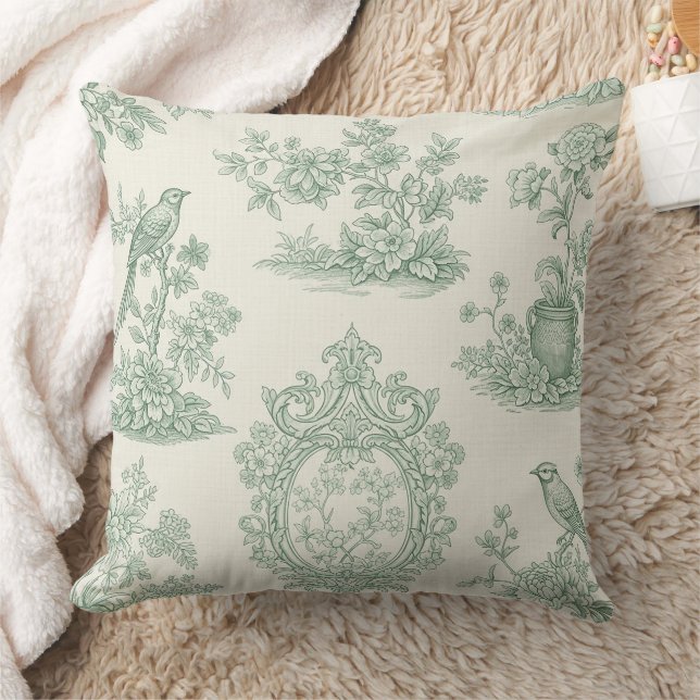 Coussin Motif floral et oiseaux toile vert menthe (Couverture)