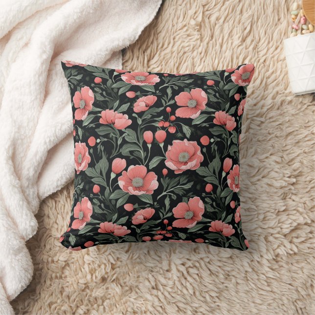 Coussin Motif floral Feuilles de chêne vert et fleurs rose (Couverture)