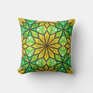 Coussin motif floral géométrique vibrant en vert et jaune