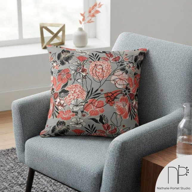 Coussin Motif floral gris contemporain (This Contemporary Gray Floral Pattern Throw Pillow features hand-drawn tropical floral art.)