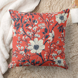 Coussin Motif floral hivernal indigo rouge sur neige