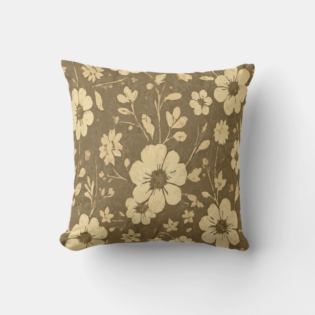 Coussin Motif floral jaune – Marron vintage chaud (Recto)