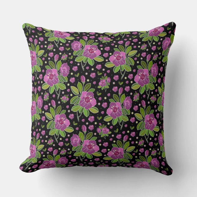 Coussin Motif floral lilas rose vert noir (Recto)