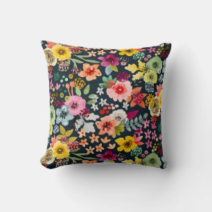 Coussin Motif Floral Lumineux Satin Sur Noir