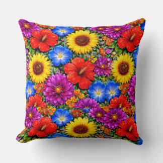 Coussin Motif floral lumineux tournesol, pavot et margueri
