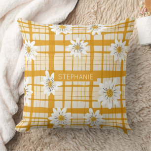 Coussin Motif floral marguerrier blanc sur En vichy jaune