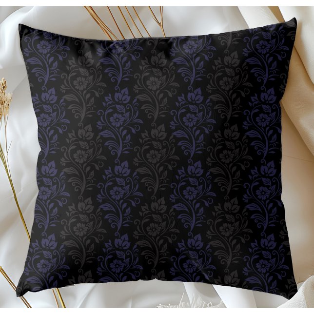 Coussin Motif Floral Moderne Gris Bleu Sur Noir (Créateur téléchargé)