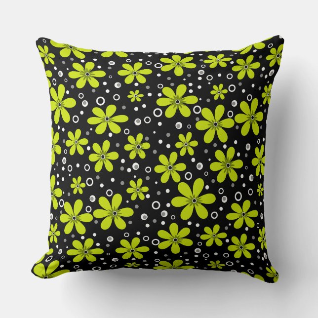 Coussin Motif floral néon vert clair sur fond noir (Recto)