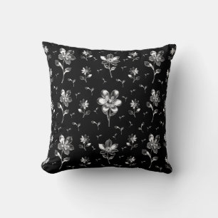 Coussin Motif Floral Noir Et Argent Double Côté